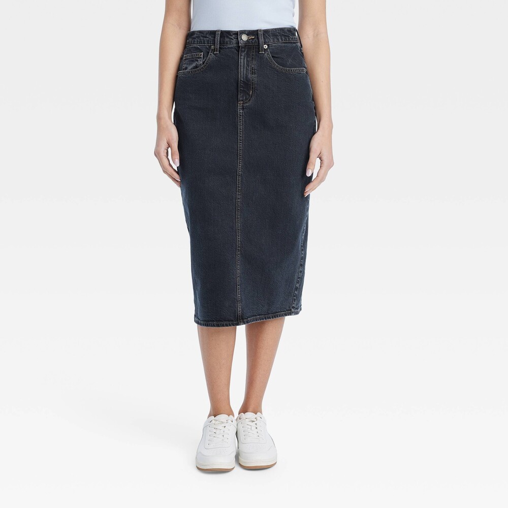 High-Rise Denim Midi Skirt - Black Wash 16